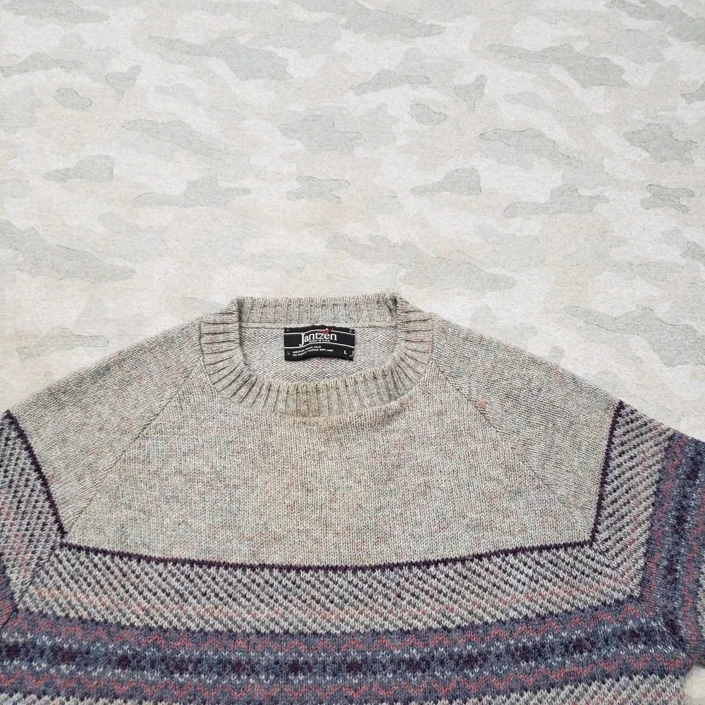 Vintage Jantzen Sweater Mens Large Gray Fair Isle Pullover Birds Eye Grandpa